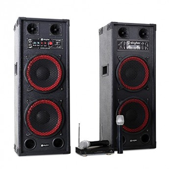 Chane-karaok-STAR-Schneberg-Ensemble-avec-pack-denceintes-PA-set-de-micros-sans-fil-1200W-de-puissance-lecture-MP3-depuis-ports-USB-et-SD-jusqu-100m-de-porte-noir-et-rouge-0