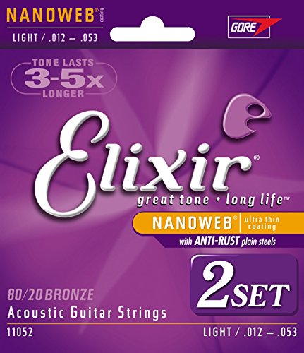 Elixir Nanoweb Jeu de cordes pour guitare acoustique-Tirant Light-Pack de 2 (Standard)