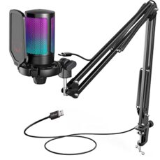 FIFINE USB Micro Gaming avec Bras pour PC PS4 PS5, Condensateur Microphone pour Streaming Podcast Studio, avec Bouton de Silence, Fixation Antichoc, Support Micro, Filtre Anti-Pop, RGB