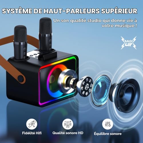 Machine de karaoké avec 2 Microphones pour Adultes et Enfants, Haut-Parleur de karaoké Bluetooth Portable pour Adultes et Enfants, système de sonorisation de fête avec lumières Disco pour