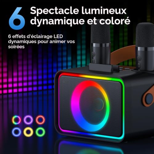 Machine de karaoké avec 2 Microphones pour Adultes et Enfants, Haut-Parleur de karaoké Bluetooth Portable pour Adultes et Enfants, système de sonorisation de fête avec lumières Disco pour