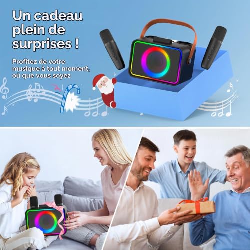 Machine de karaoké avec 2 Microphones pour Adultes et Enfants, Haut-Parleur de karaoké Bluetooth Portable pour Adultes et Enfants, système de sonorisation de fête avec lumières Disco pour