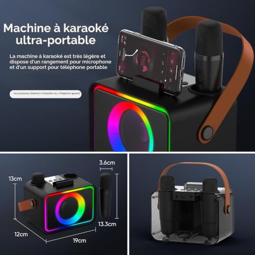Machine de karaoké avec 2 Microphones pour Adultes et Enfants, Haut-Parleur de karaoké Bluetooth Portable pour Adultes et Enfants, système de sonorisation de fête avec lumières Disco pour